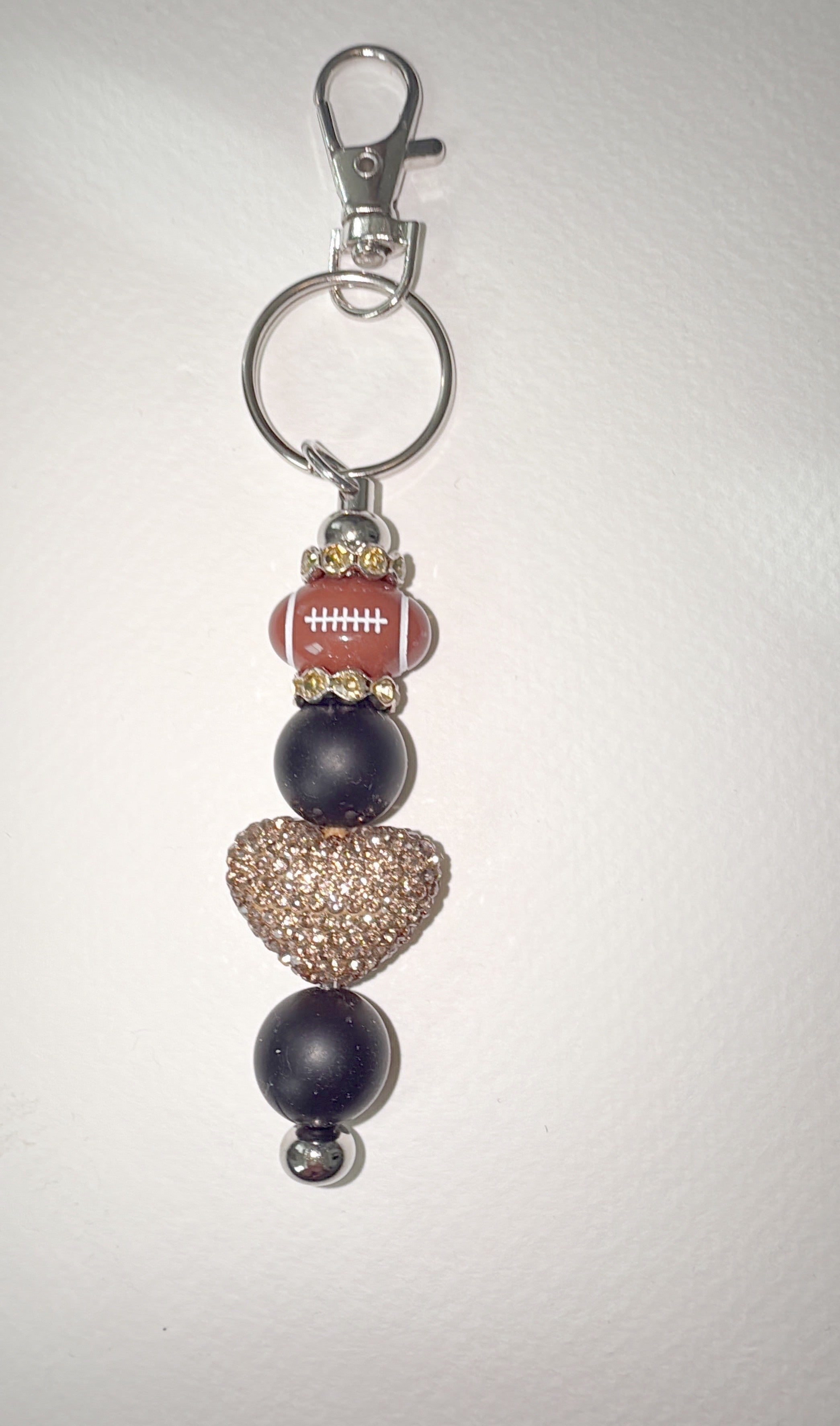 Keychain w/ Champaign rhinestone heart and football- Mixed beaded materials