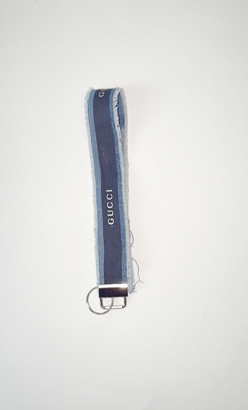 Wristlet style keychain - Authentic blue Gucci upcycle ribbon on denim