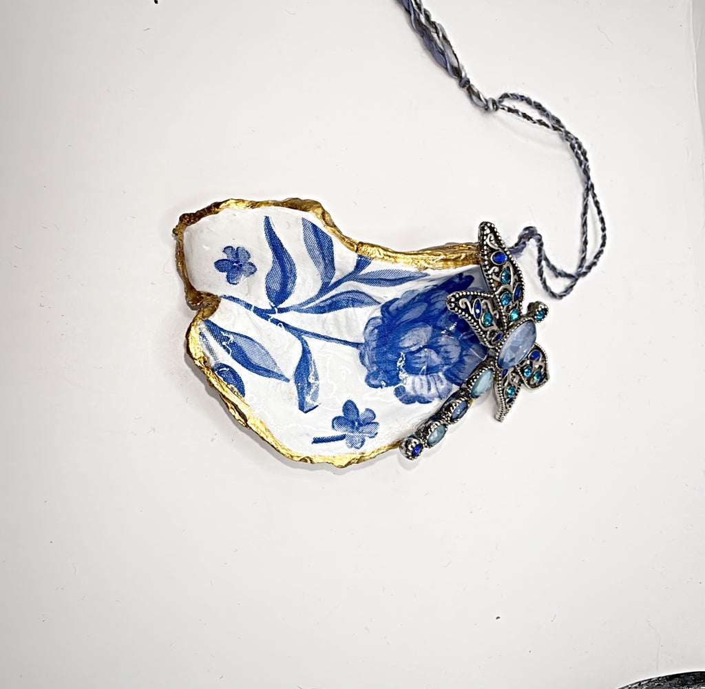 Oyster Shell Ornament Blue floral with dragonfly embellishment — Coastal Charm for Your Everyday Essentials (Copy)