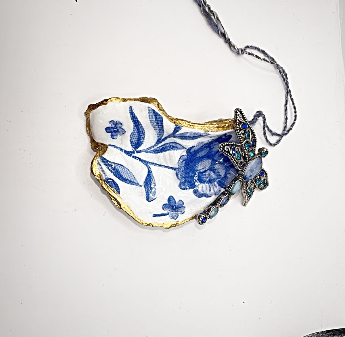 Oyster Shell Ornament Blue floral with dragonfly embellishment — Coastal Charm for Your Everyday Essentials (Copy)