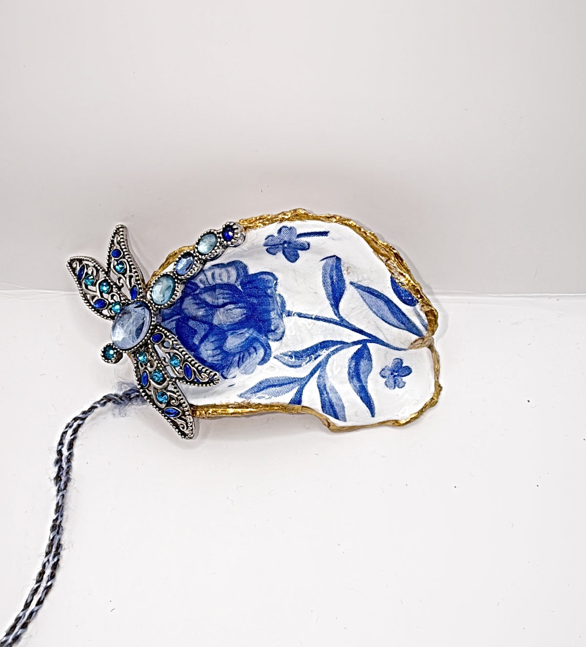 Oyster Shell Ornament Blue floral with dragonfly embellishment — Coastal Charm for Your Everyday Essentials (Copy)