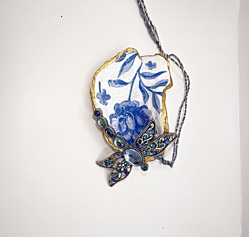 Oyster Shell Ornament Blue floral with dragonfly embellishment — Coastal Charm for Your Everyday Essentials (Copy)