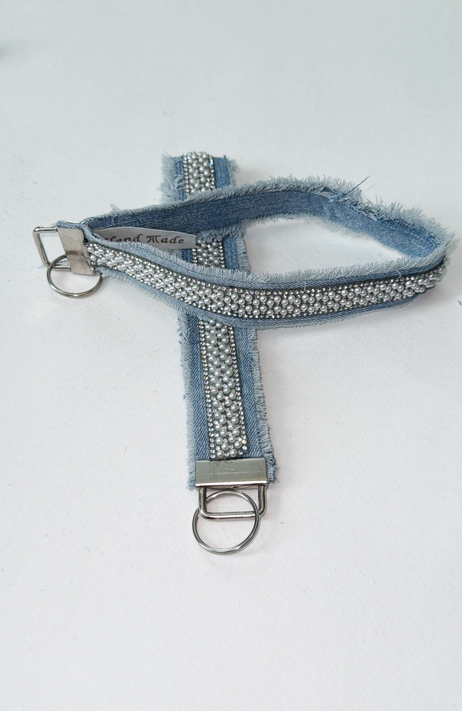 Wristlet Keychain - Clear rhinestone, Pearl and light denim