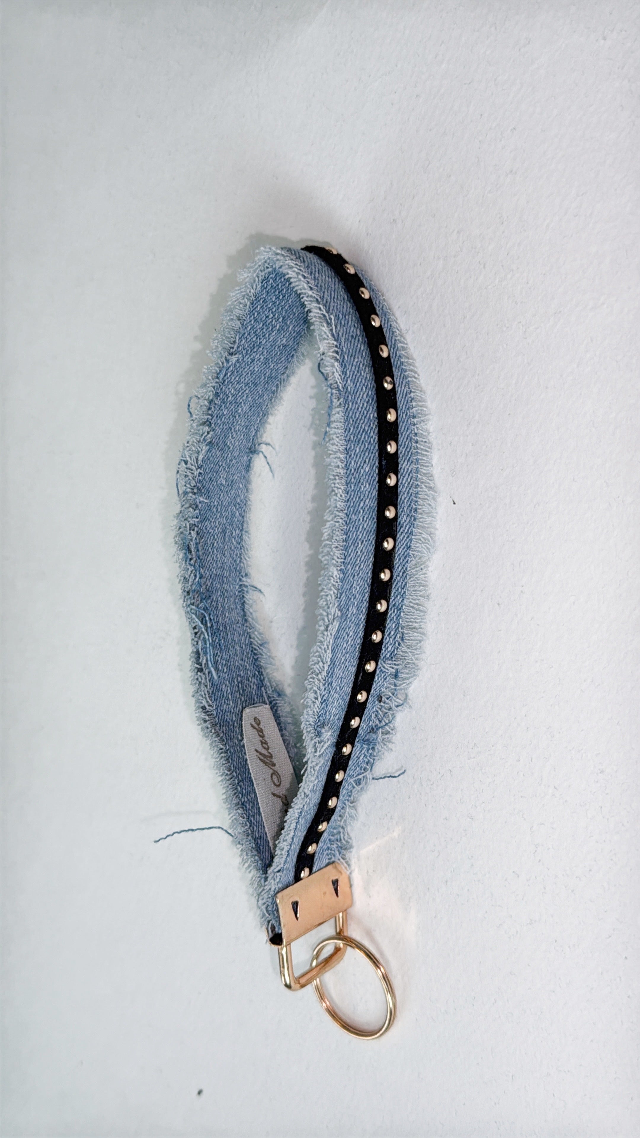 Wristlet keychain - denim with Blk Faux leather gold stud