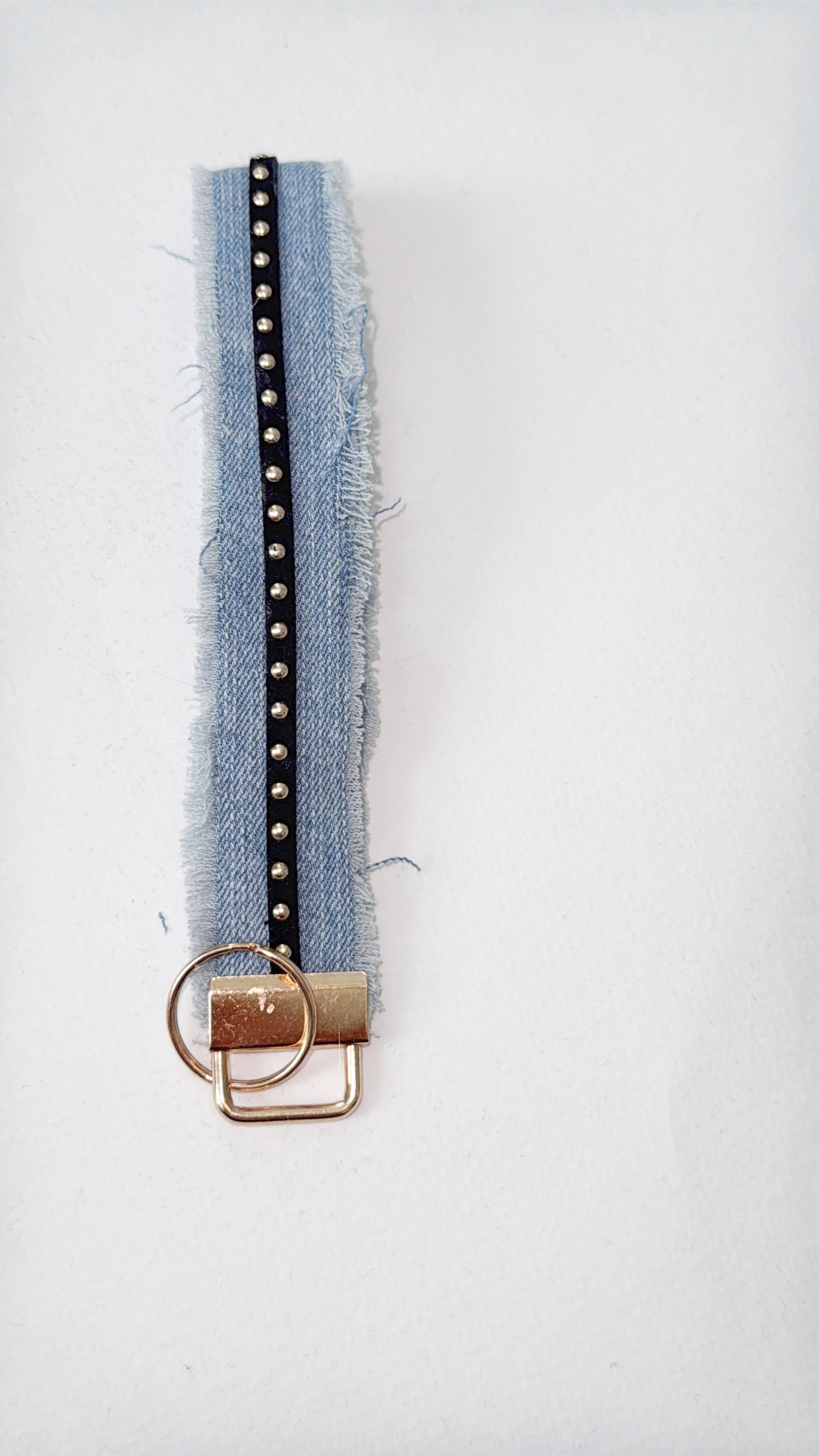 Wristlet keychain - denim with Blk Faux leather gold stud