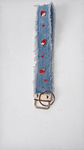 Wristlet keychain - light denim w/ strawberry charms and red rhinestone