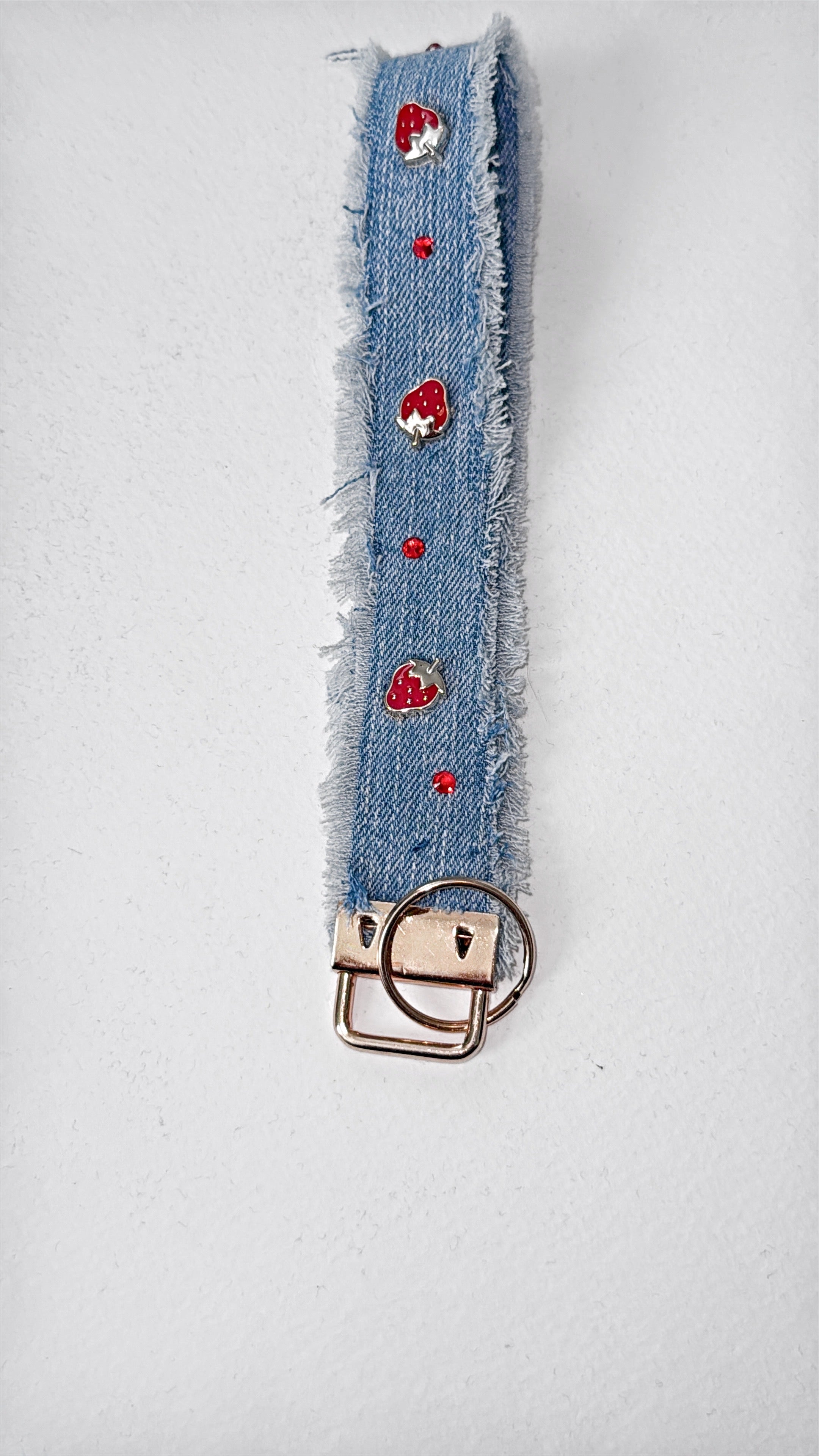 Wristlet keychain - light denim w/ strawberry charms and red rhinestone