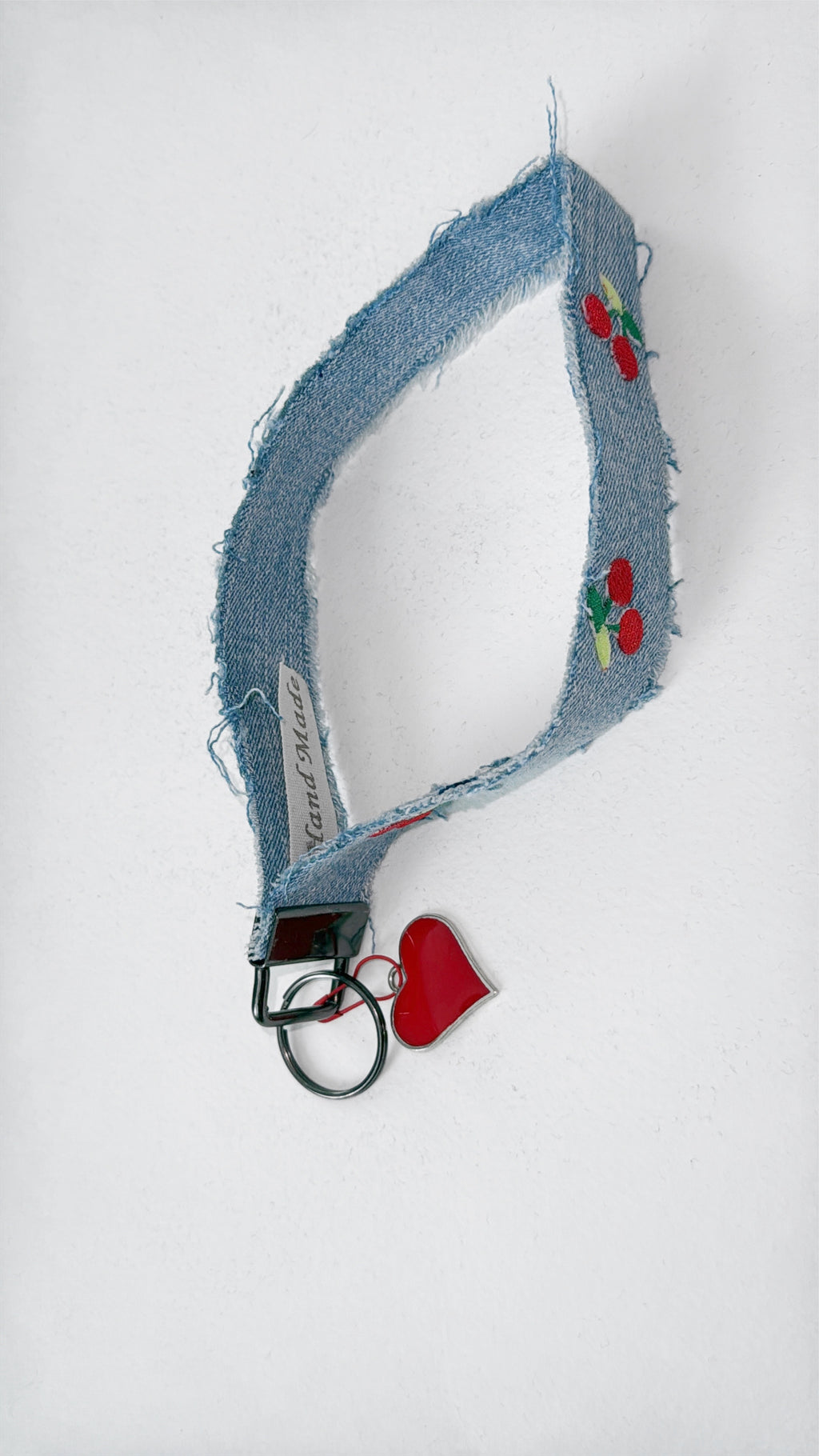 wristlet keychain - light denim w/ embroidered cherry
