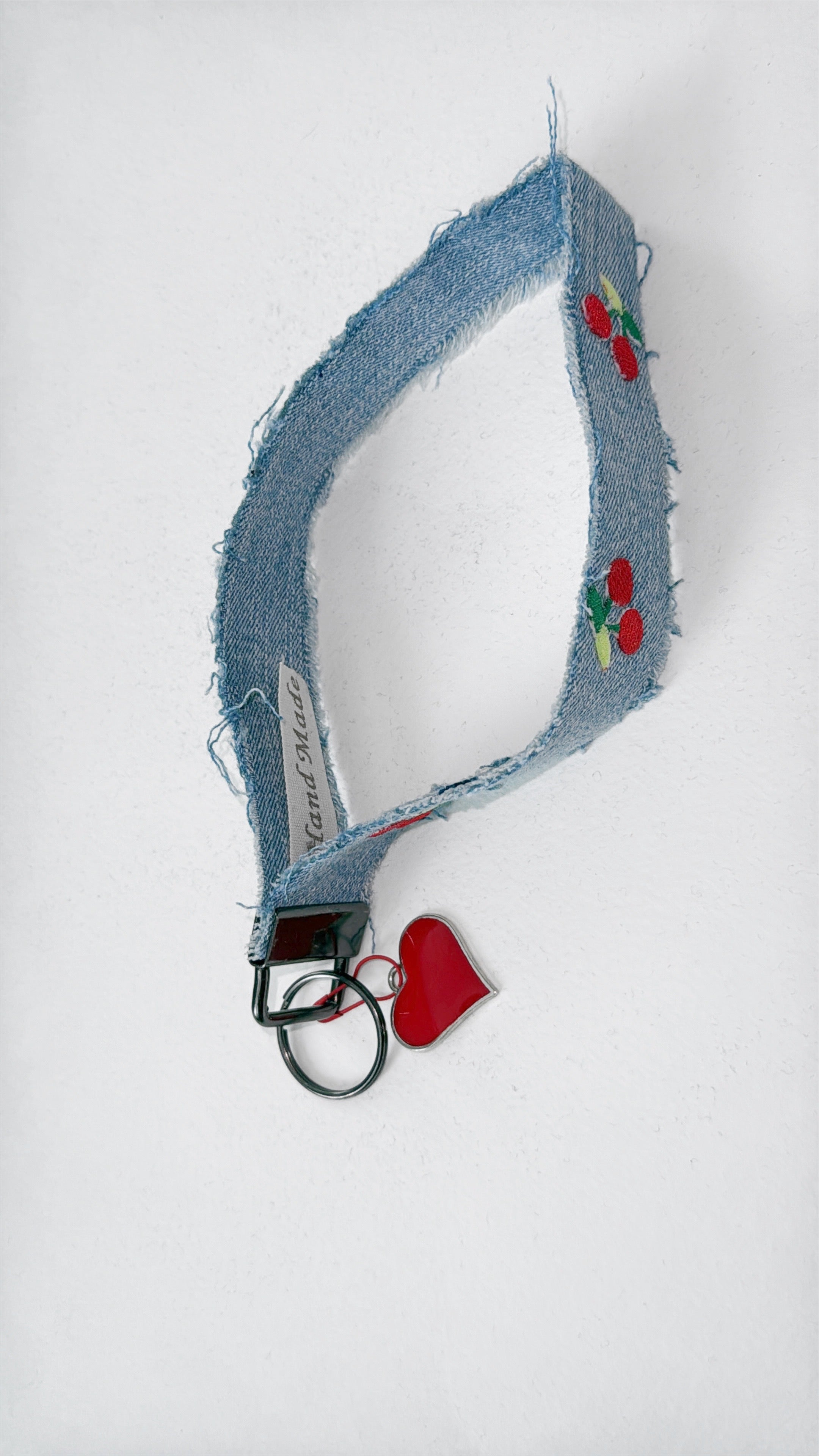 wristlet keychain - light denim w/ embroidered cherry