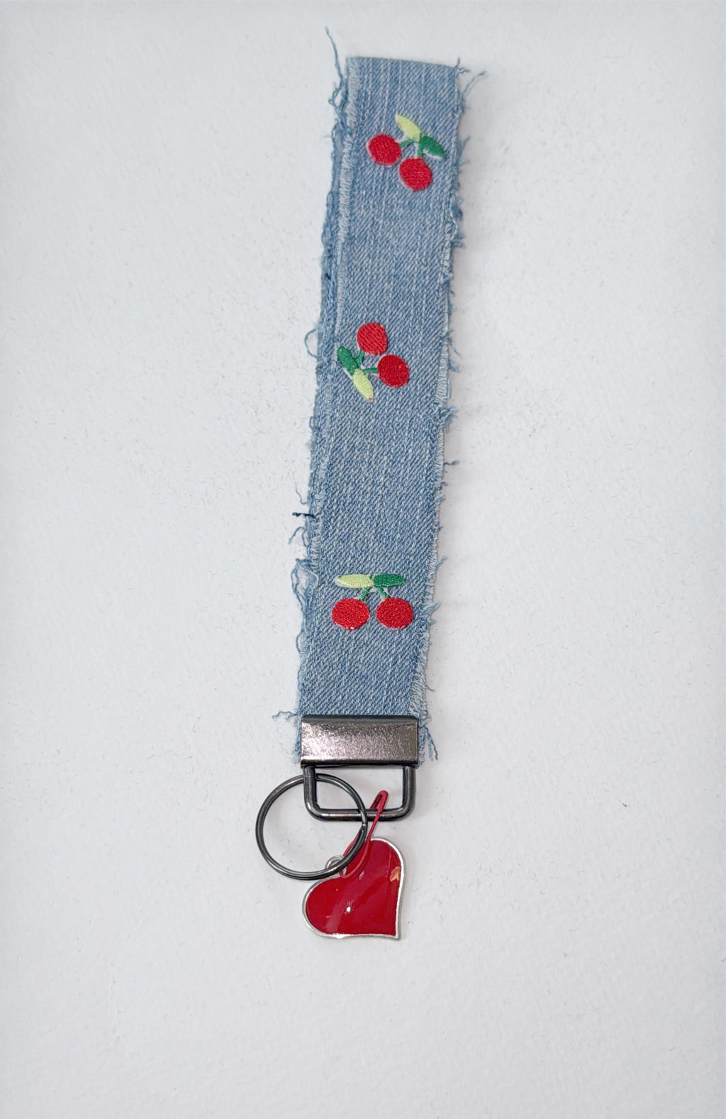 wristlet keychain - light denim w/ embroidered cherry