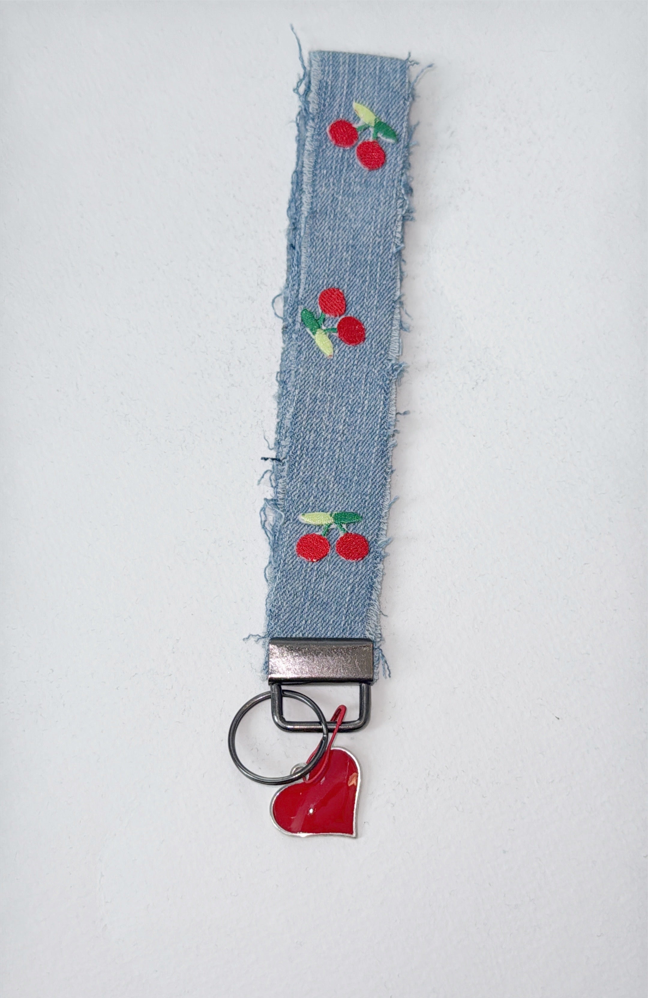 wristlet keychain - light denim w/ embroidered cherry