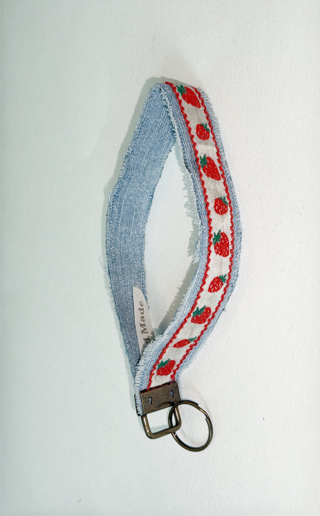 wristlet keychain - light denim w/ strawberry ribbon