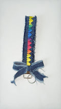 wristlet keychain - dark denim with rainbow heart ribbon and large bow