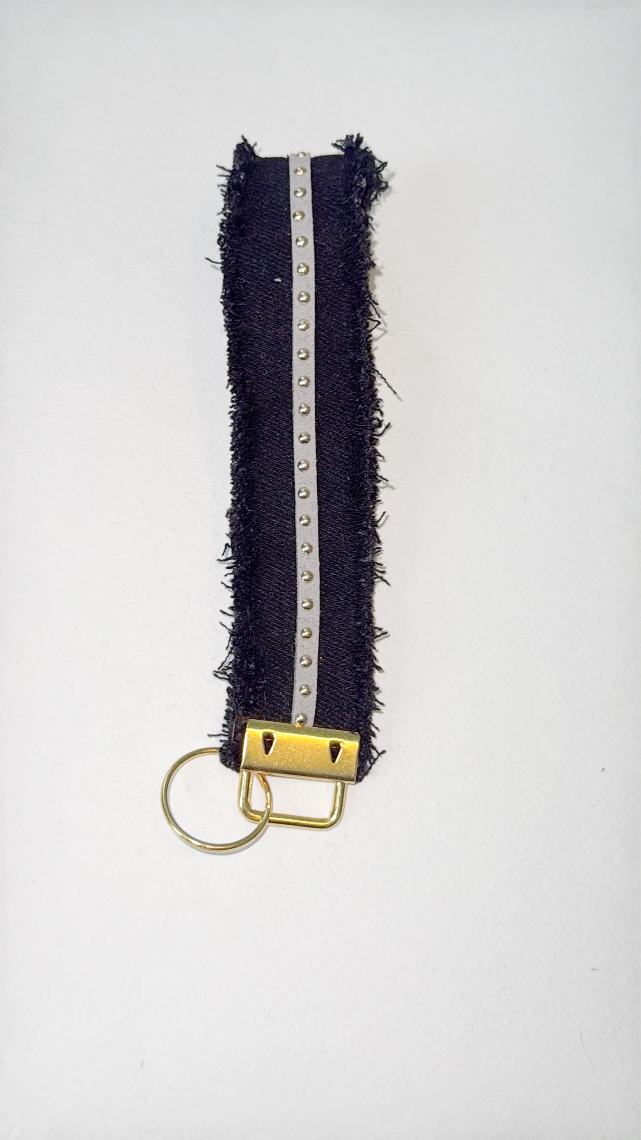 wristlet keychain - blk denim, gray faux leather with gold stud