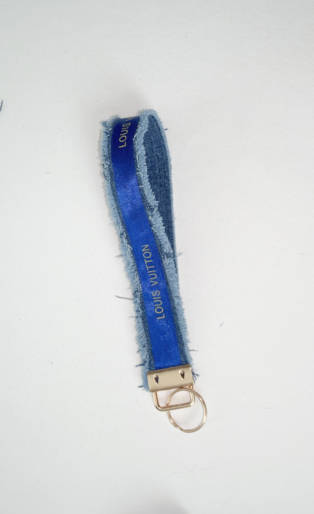Wristlet keychain - light denim with Authentic upcycled Louis Vuitton ribbon