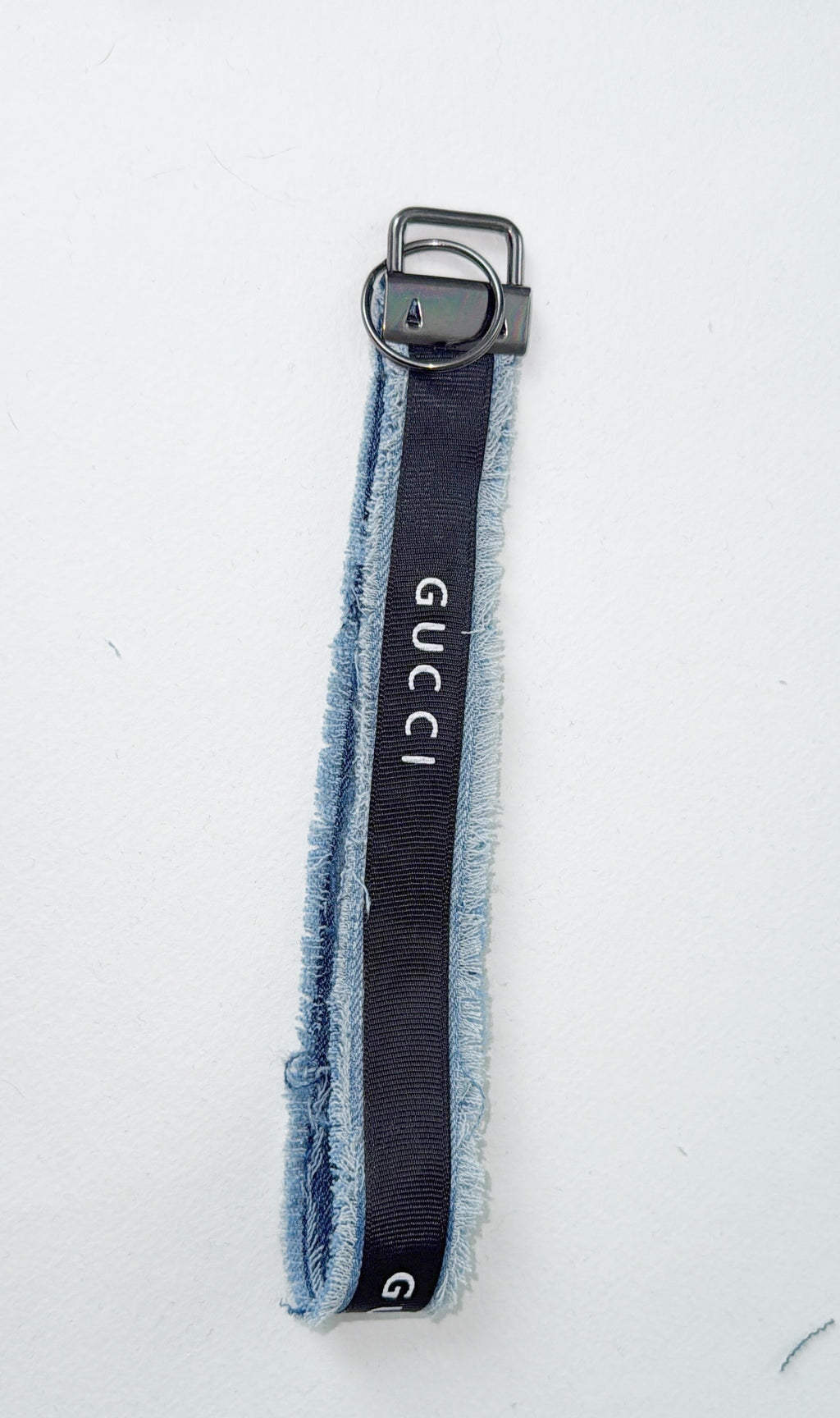 Wristlet keychain - denim with Authentic Gucci upcycled ribbon