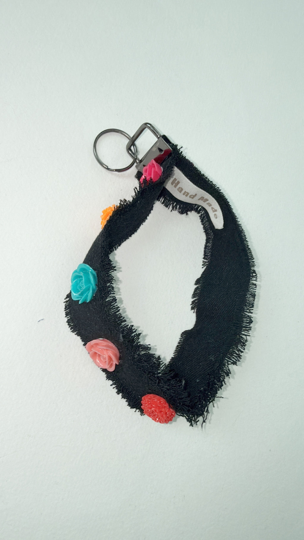 Wristlet keychain - blk denim with larger 3D resin flower embellishtments