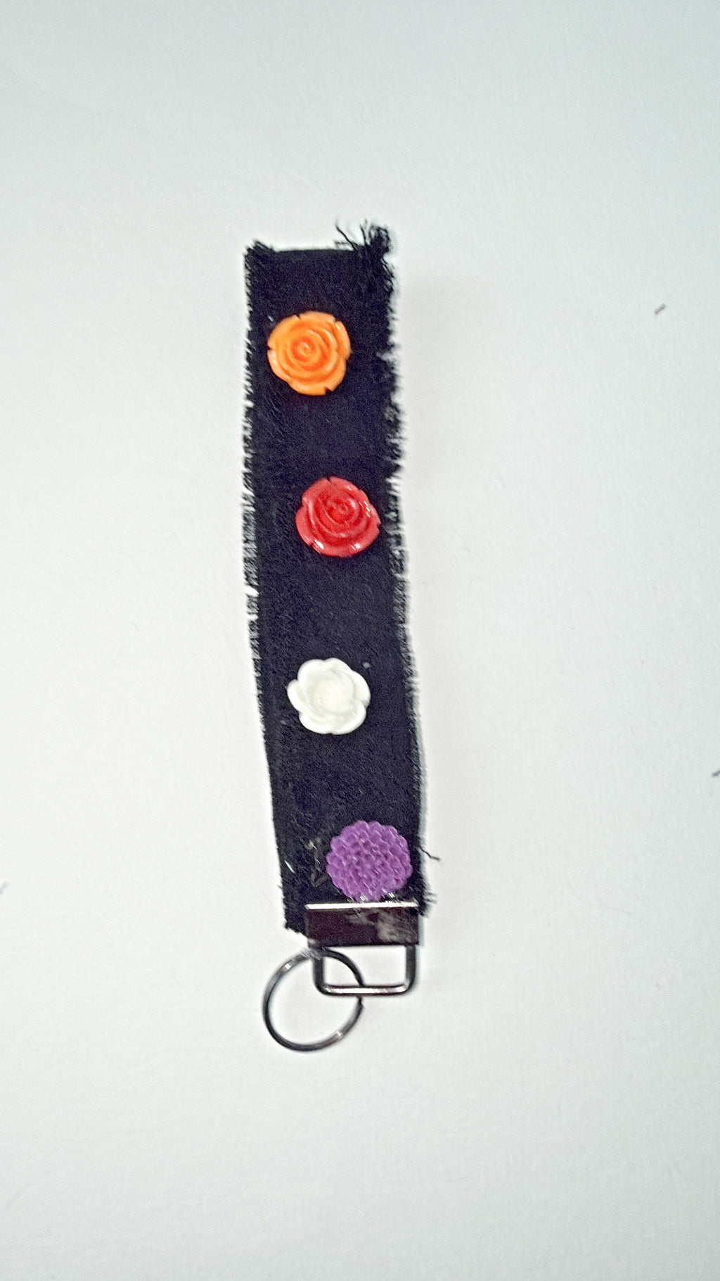 Wristlet keychain - blk denim with larger 3D resin flower embellishtments