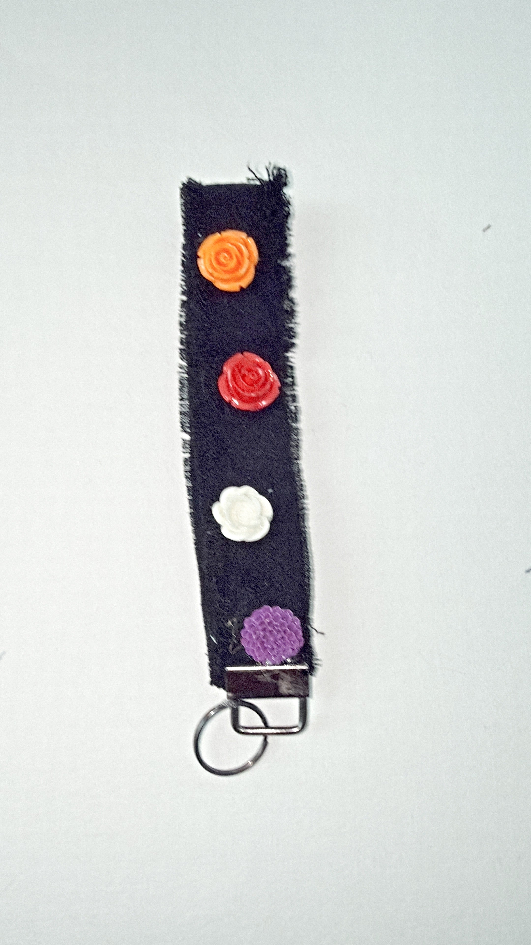 Wristlet keychain - blk denim with larger 3D resin flower embellishtments