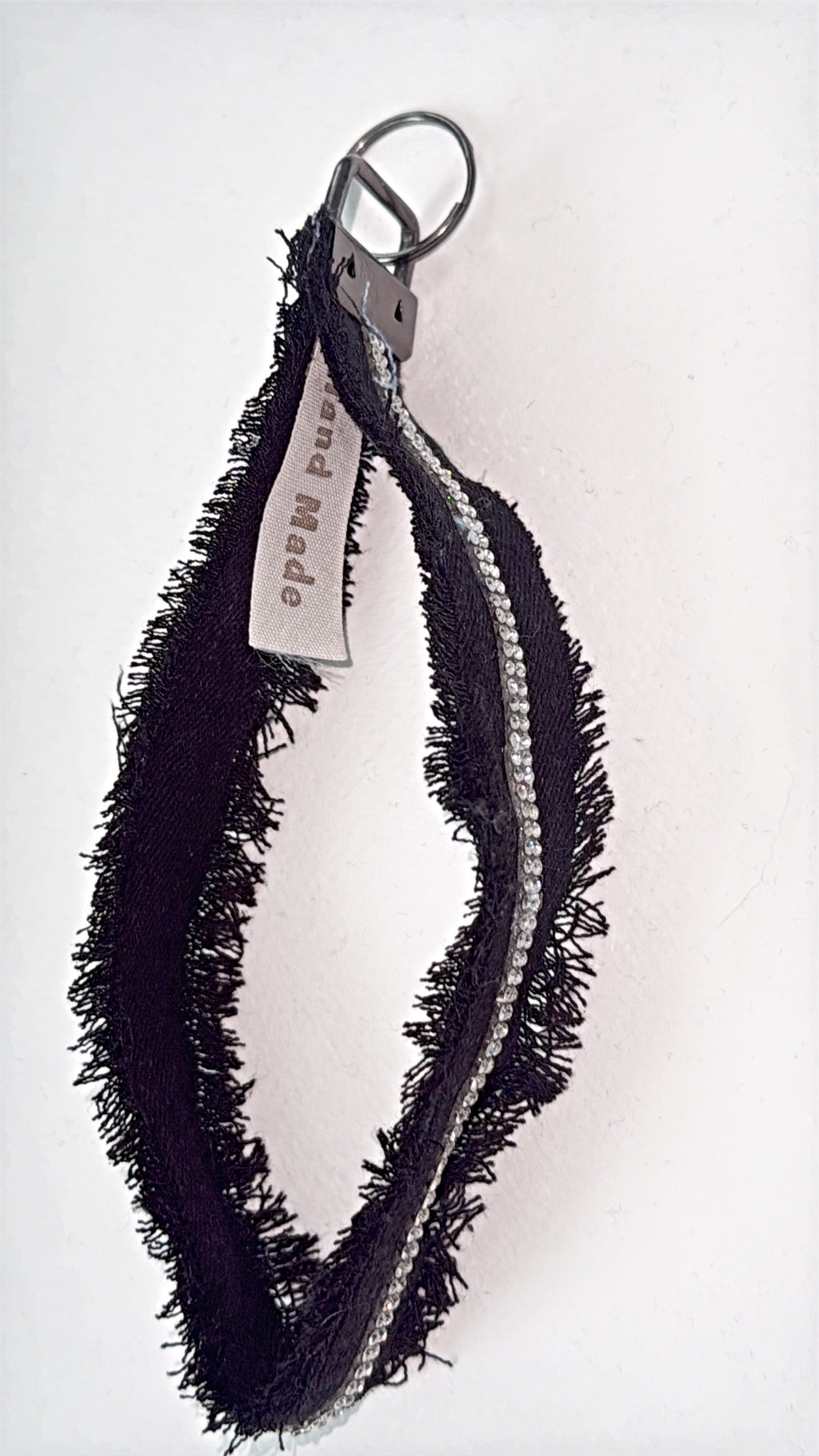 wristlet keychain - blk denim with triple rhinestone embellishment