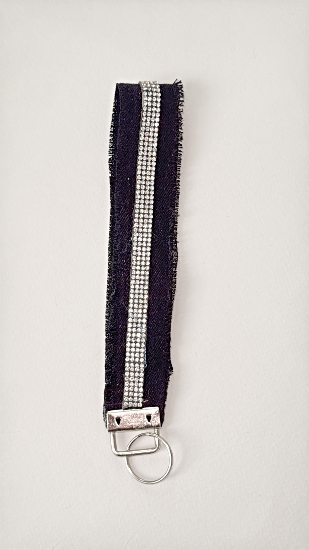 wristlet keychain - blk denim with triple rhinestone embellishment