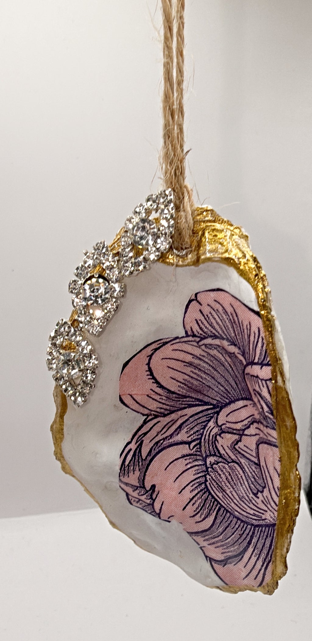 Oyster Shell Ornament, pink floral— A Coastal Keepsake with Timeless Charm
