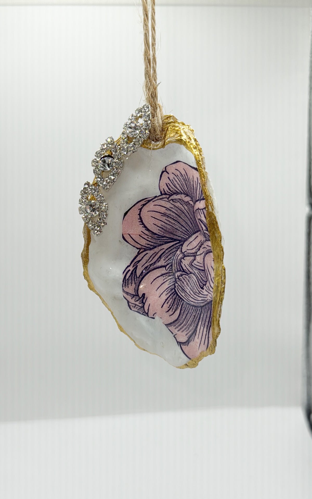 Oyster Shell Ornament, pink floral— A Coastal Keepsake with Timeless Charm